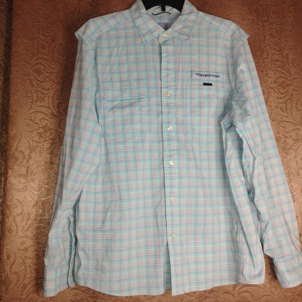 Vineyard Vines Harbor Shirt Mens Medium Blue Plaid Long Sleeve Vented Fishing